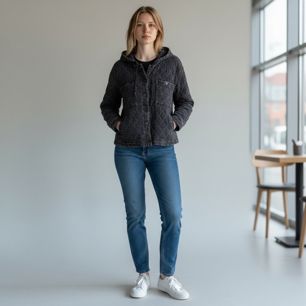 Charcoal Black Quilted Hooded Jacket Size Medium